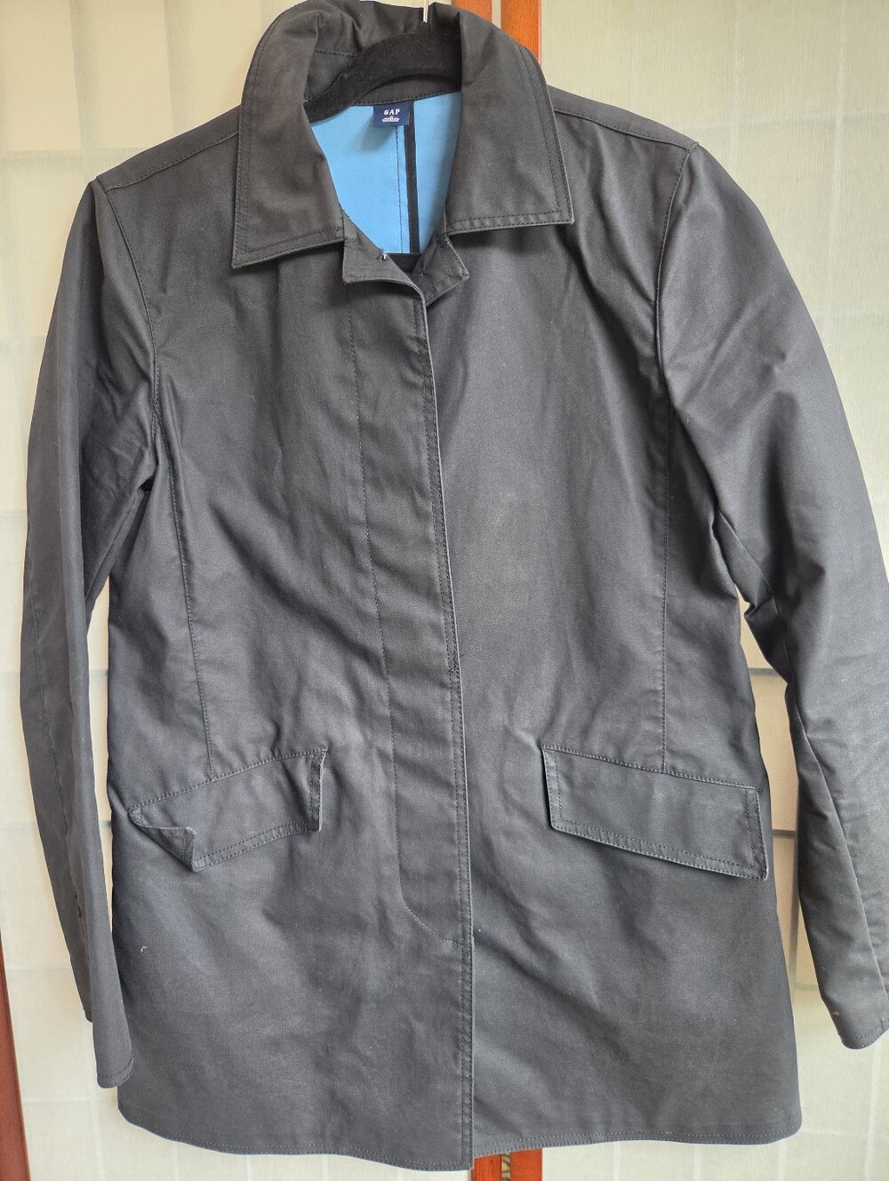 Vintage GAP Black Button Up Rain Trench Jacket Blue Accent  Minimalist Classic